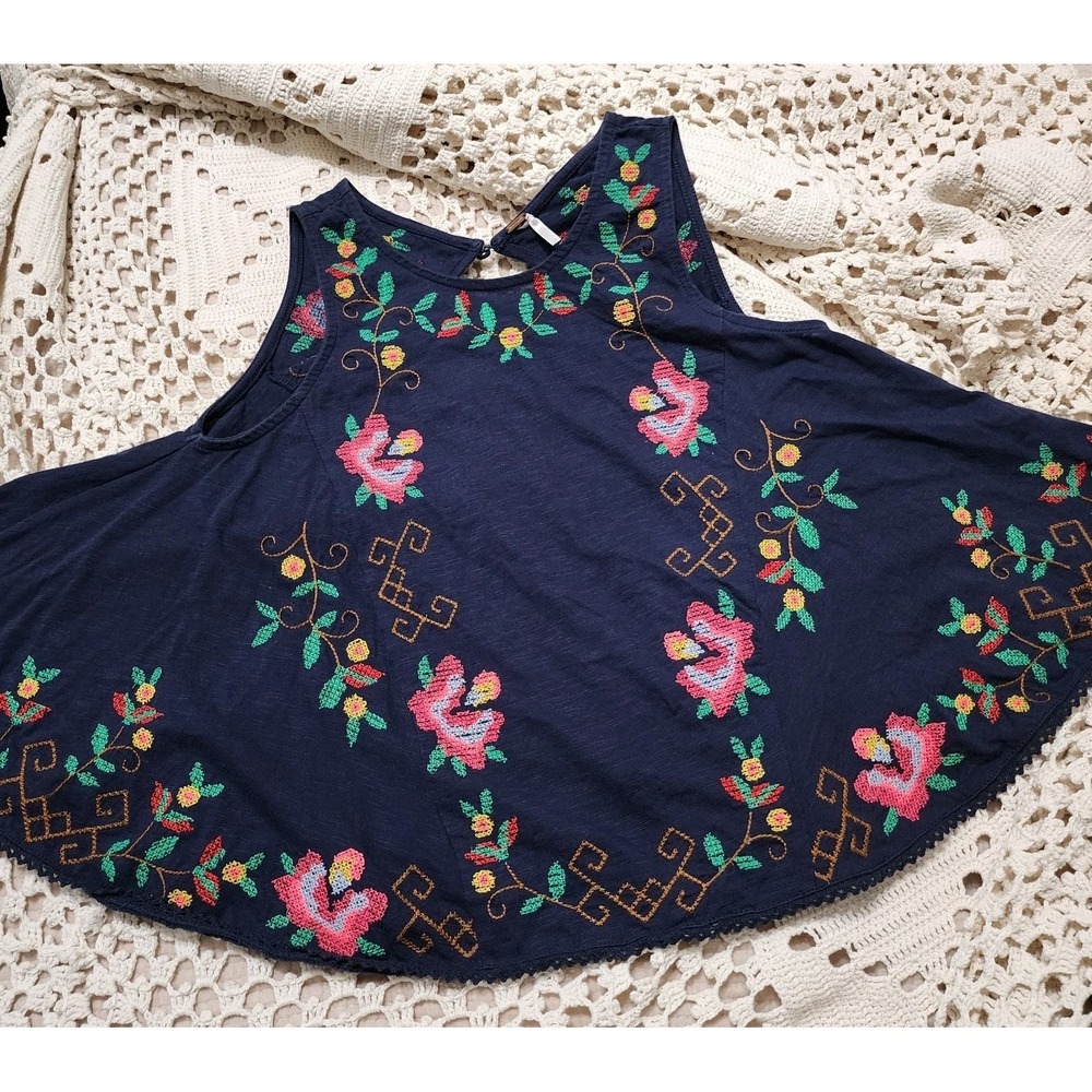 Free People Navy Floral Embroidered Short Sleeve Tee